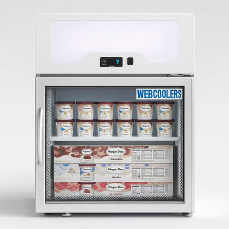 Commercial freezer with Web coolers branding on a white background