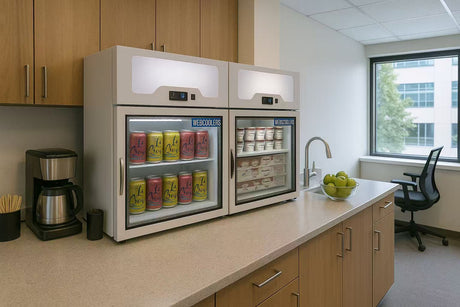 Modern kitchenette with refrigerator, coffee maker, and fruit bowl in an office setting.