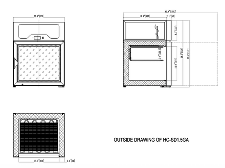 Technical drawing of a kitchen cabinet with dimensions labeled