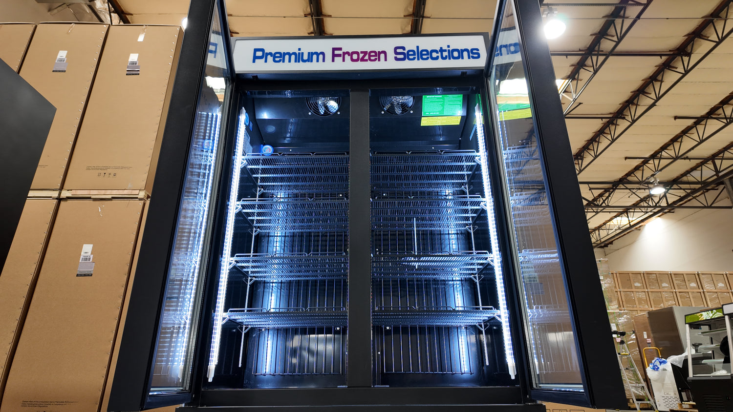 Upright commercial freezer with digital controls and automatic ventilation defrost