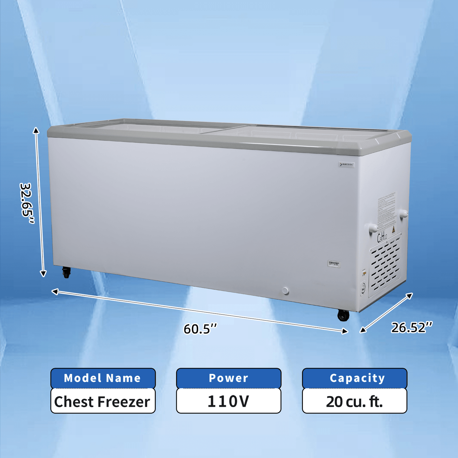  Side view of NAFCOOL horizontal freezer in white with reinforced lid