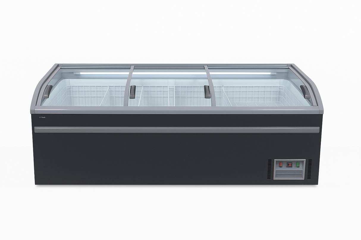 83” wide SUPERMARKET SLIDING GLASS TOP DISPLAY ISLAND FREEZER (Model: IHF-D2209PB )for Frozen Meat, Frozen Pizza, Icecream and Ice Bag