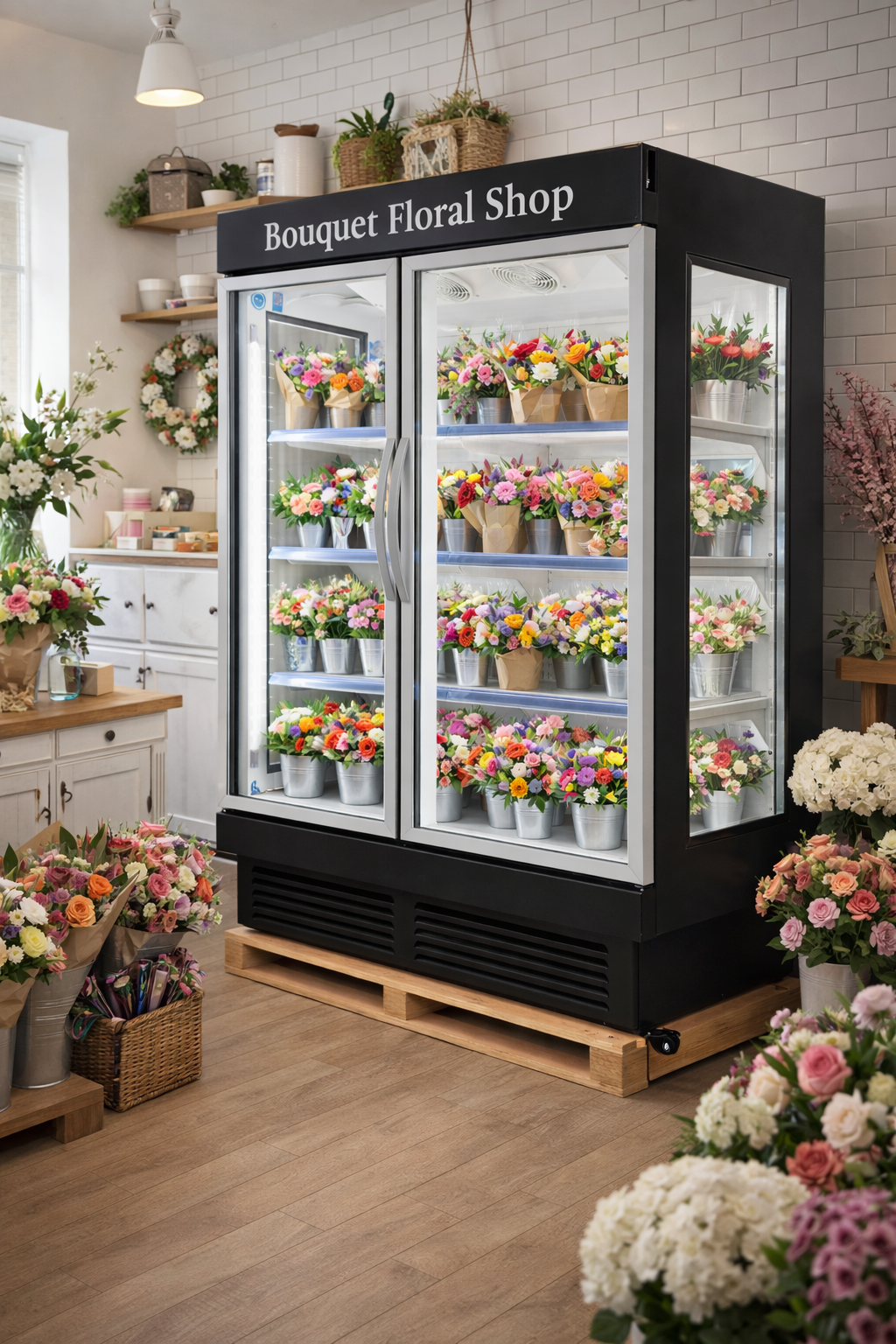 Floral shop refrigerator with flower arrangements displayed inside, surrounded by flowers on a wooden floor.