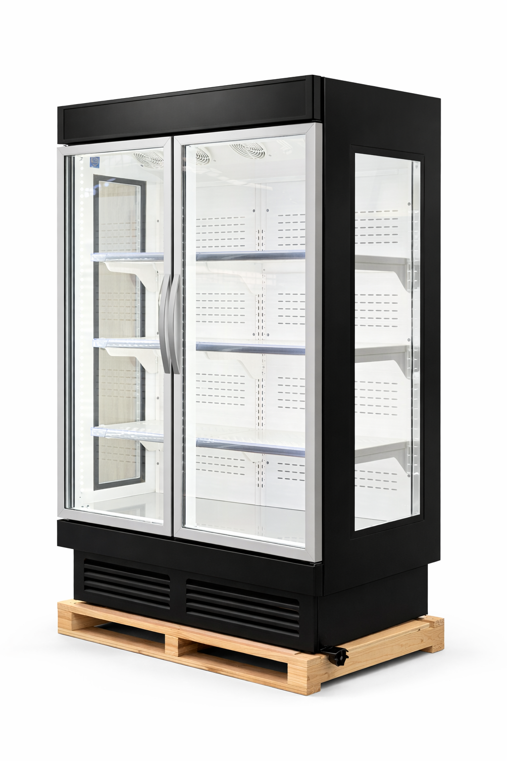 Black glass-fronted refrigerator on a wooden pallet against a white background