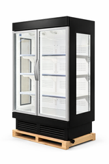 Black glass-fronted refrigerator on a wooden pallet against a white background