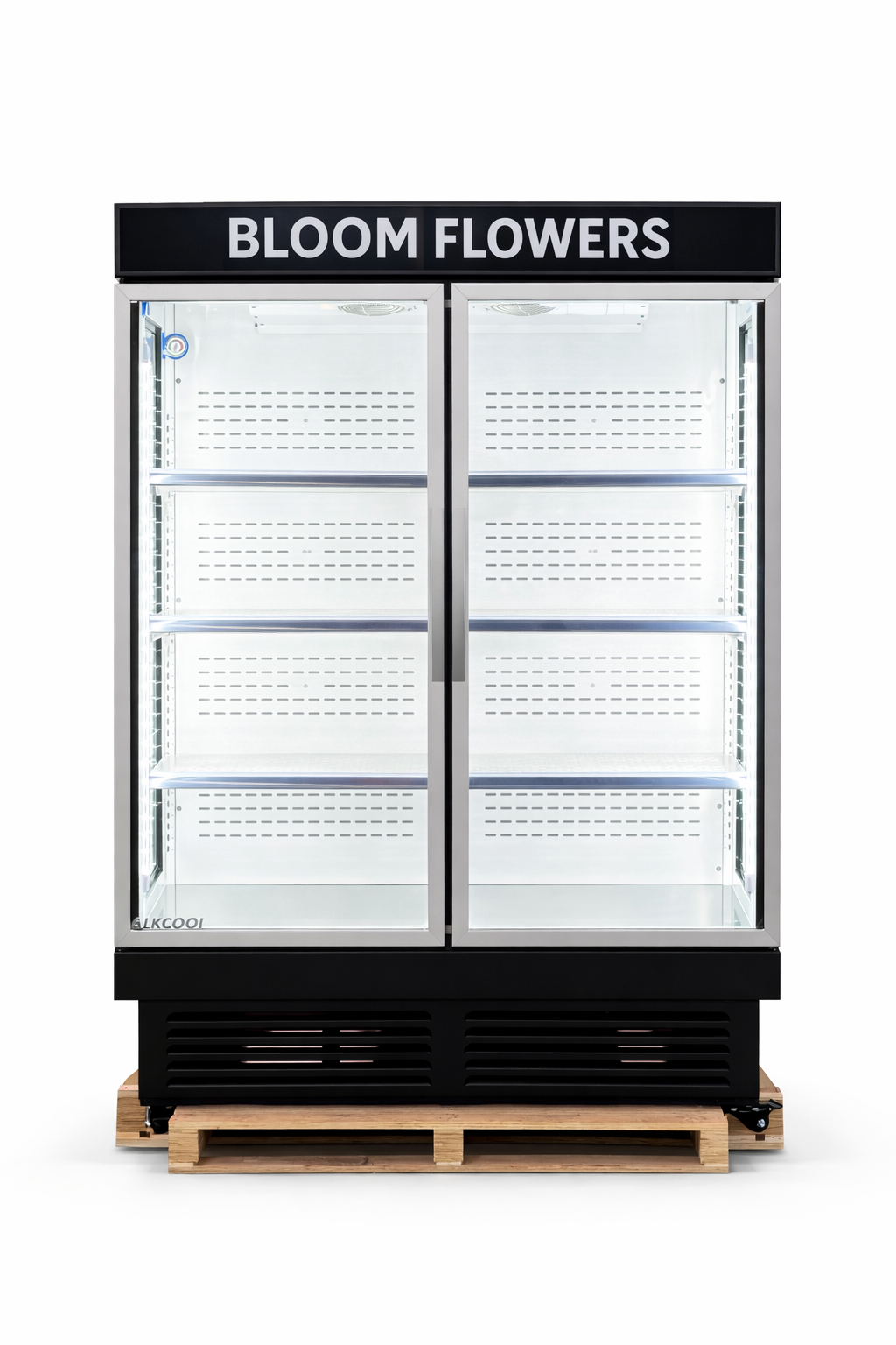 Commercial refrigerator with 'Bloom Flowers' branding on a white background