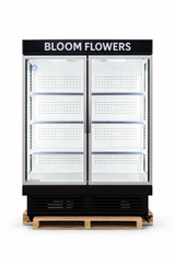 Commercial refrigerator with 'Bloom Flowers' branding on a white background
