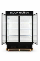 Commercial refrigerator with 'Bloom Flowers' branding on a white background