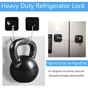 Heavy-duty refrigerator lock with kettlebell and text on a white background