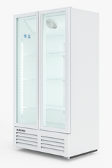 White refrigerator with glass door on a white background
