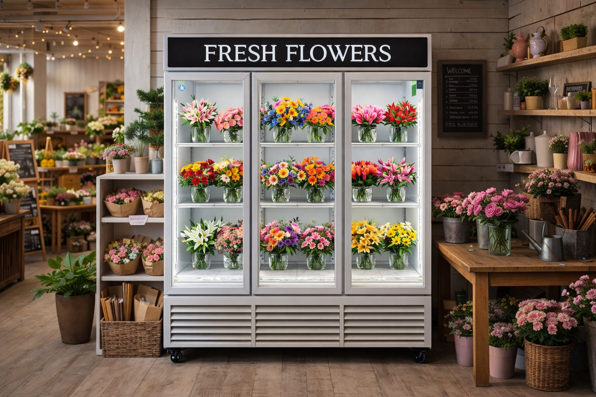 Pearl White Customized Flower Display Three Glass Door Refrigerator Width 72''