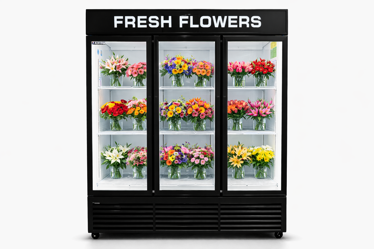 Matte Black Flower Display Three Glass Door Refrigerator Width 72''