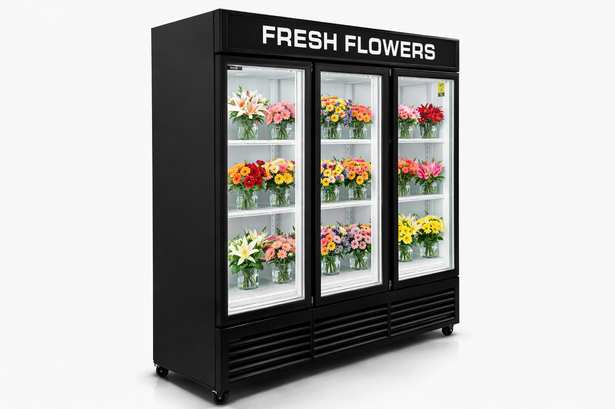 Matte Black Flower Display Three Glass Door Refrigerator Width 72''