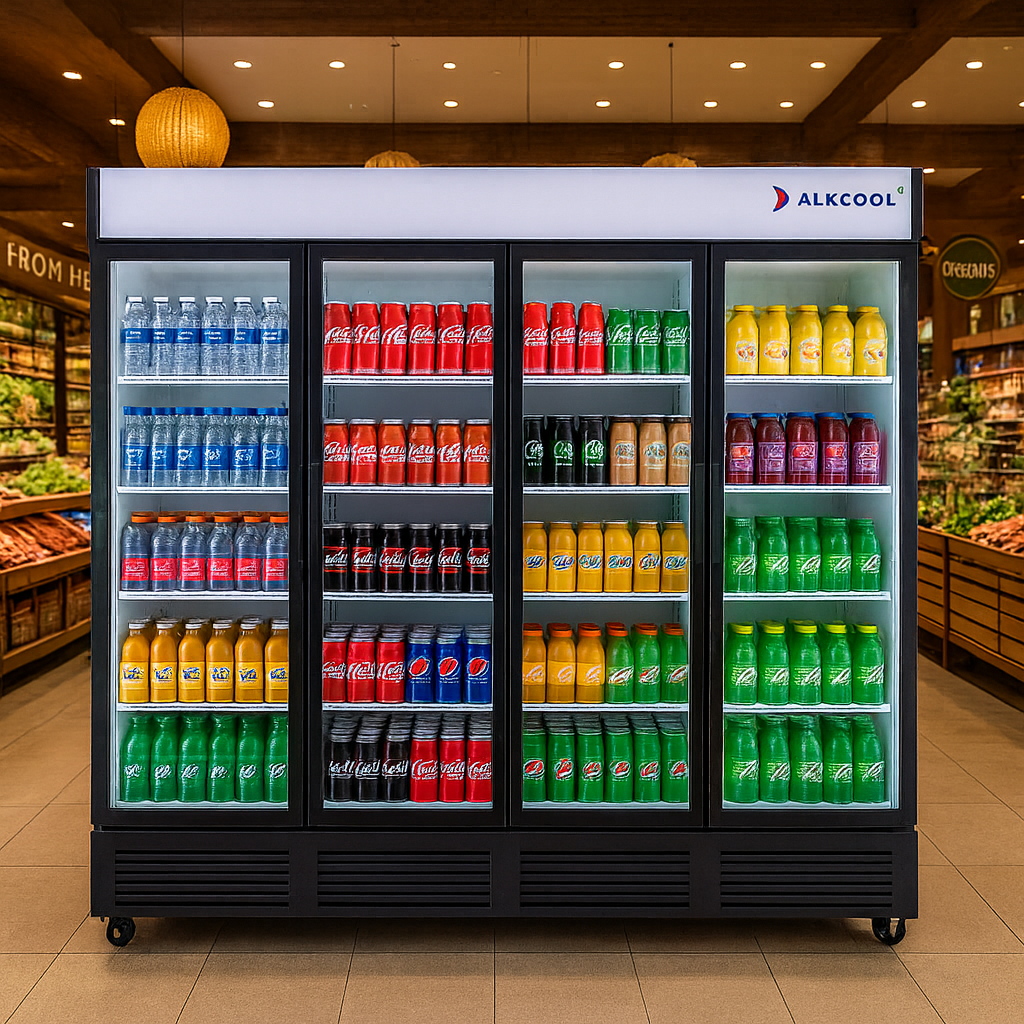 Fridge stocked with various drinks in a grocery store setting