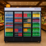 Fridge stocked with various drinks in a grocery store setting