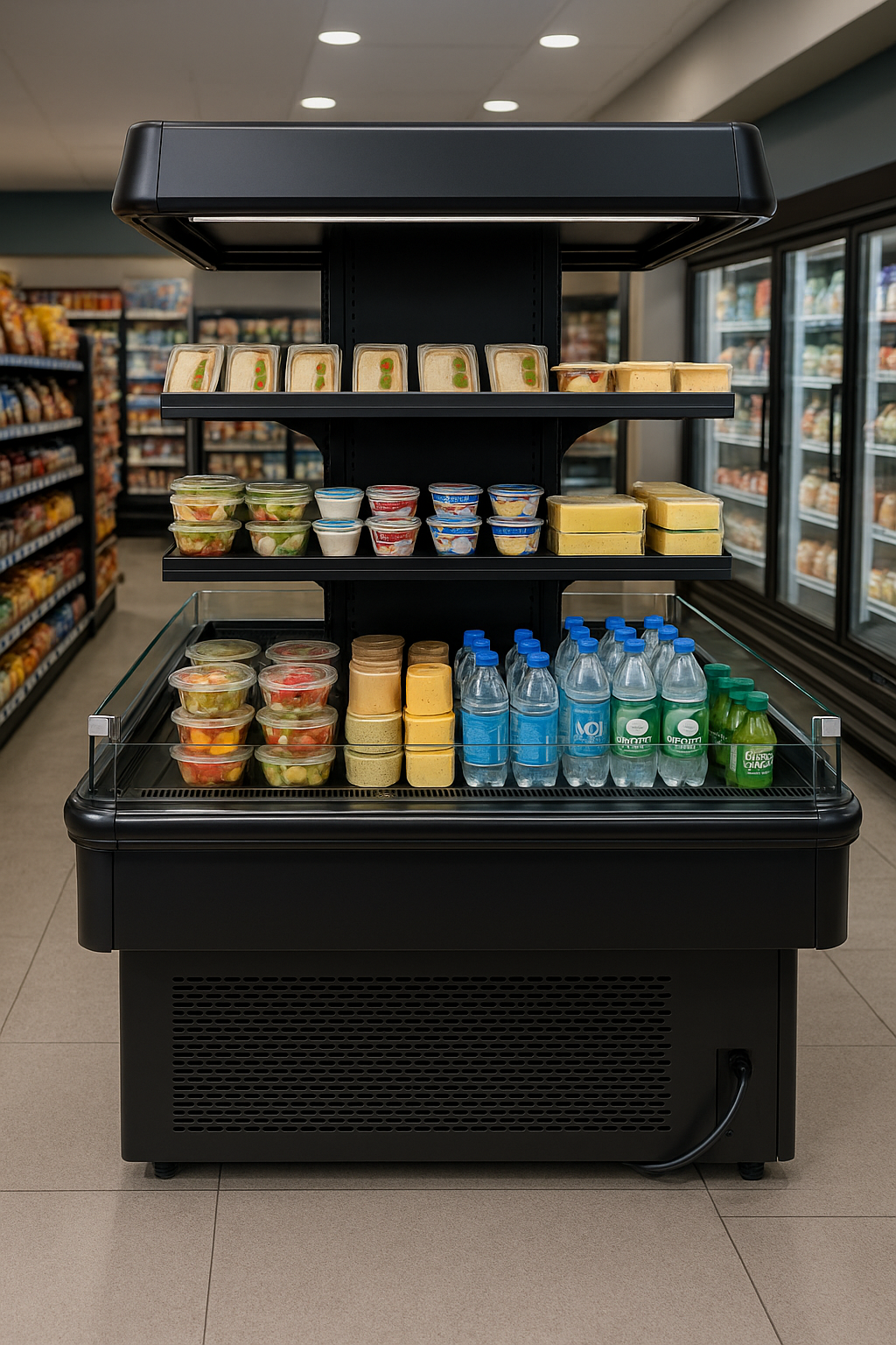 67'' Black Island Multi-Deck Open Air Curtain Merchandiser - 208V