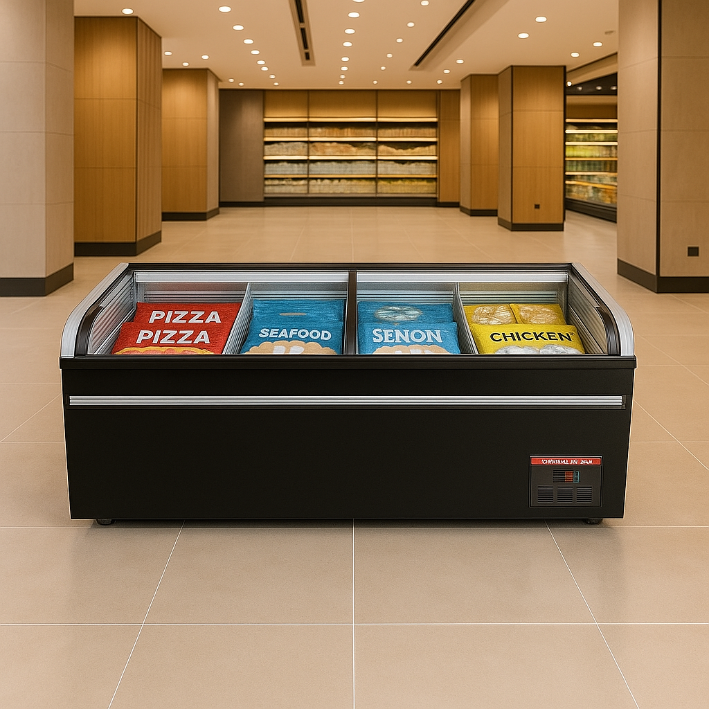 83” wide SUPERMARKET SLIDING GLASS TOP DISPLAY ISLAND FREEZER (Model: IHF-D2209PB )for Frozen Meat, Frozen Pizza, Icecream and Ice Bag