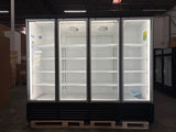 Black 94" wide Visible Four Glass Door Merchandiser Refrigerator with LED Lighting, 85.5Cu, Ft., Aluminum Door with lock