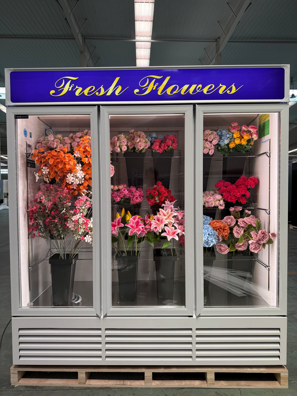 Customized Flower Display Three Glass Door Refrigerator Width 72''