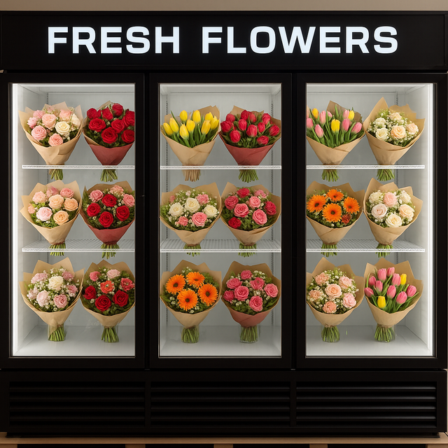 Display case with various bouquets of fresh flowers labeled 'Fresh Flowers'.