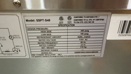 Technical label on a piece of equipment with specifications and certifications.