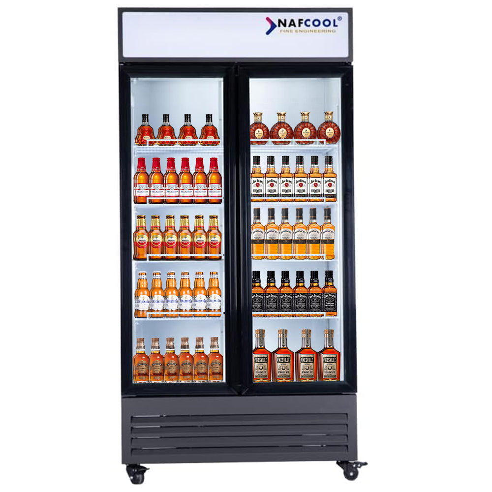 Upright glass door refrigerator with interior LED lighting and digital temperature display