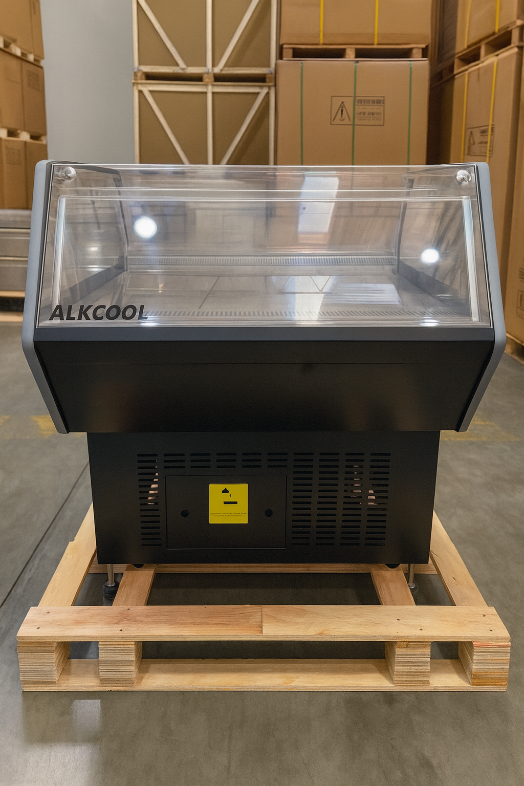 Cold display case on a pallet in a warehouse setting with cardboard boxes in the background.