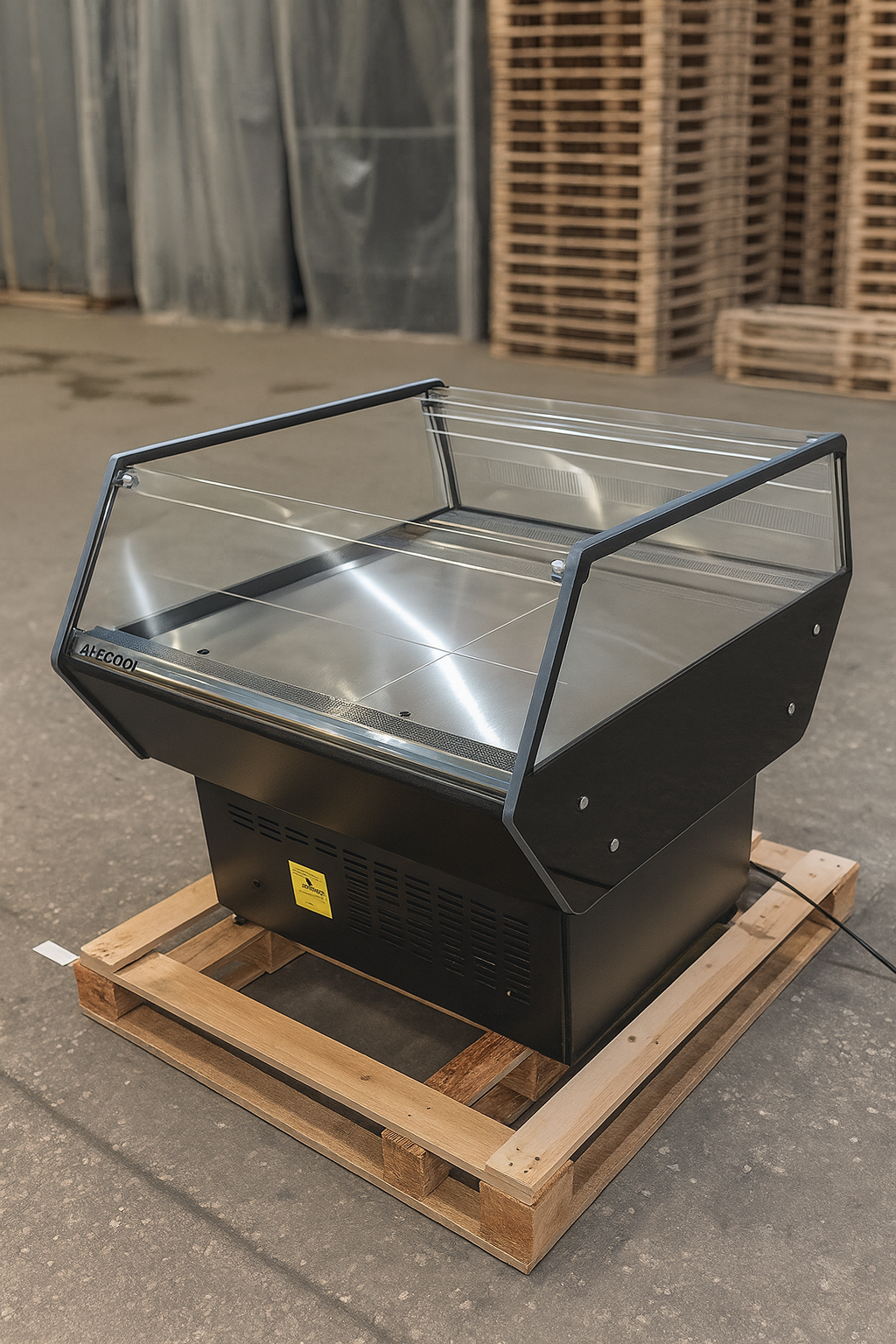 Black display case with glass top on a wooden pallet outdoors