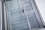 Commercial glass top freezer with two sliding doors and four wire baskets for frozen food