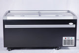 Commercial island freezer with glass top and four wire baskets, ideal for frozen goods
