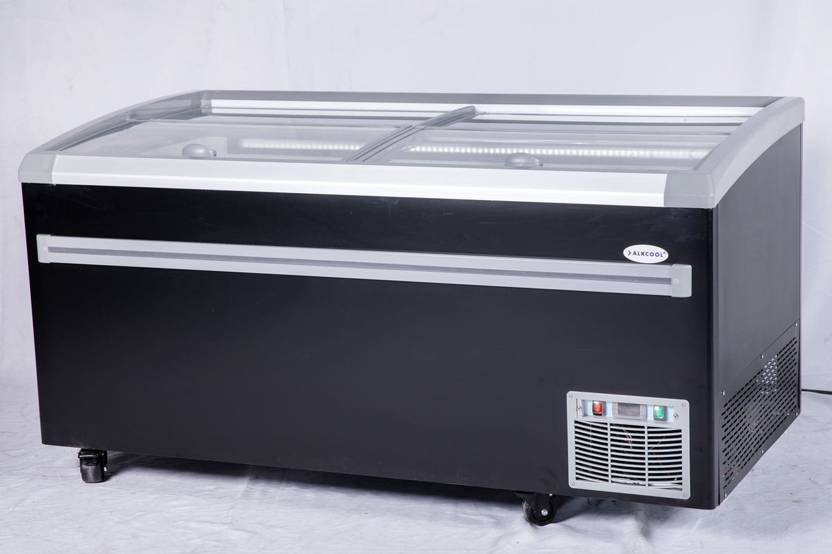 White commercial glass top freezer featuring curved sliding glass doors and rear defrost drain