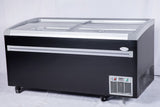 White commercial glass top freezer featuring curved sliding glass doors and rear defrost drain