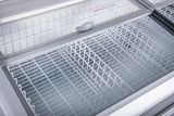 Large capacity commercial freezer with two sliding glass doors and steel interior