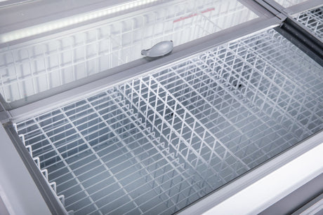 Large capacity commercial freezer with two sliding glass doors and steel interior