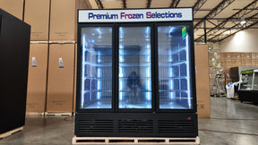 Commercial black glass door freezer with three self-closing doors and LED lighting