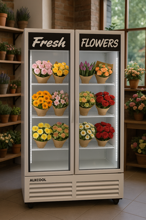 Flower display refrigerator with various flower arrangements inside, labeled 'Fresh Flowers', in a store setting.