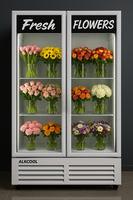 Flower display case with various bouquets of flowers inside, branded 'ALKCOOL'.
