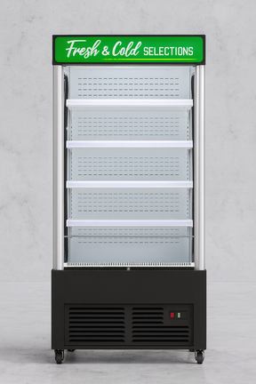 Commercial refrigerator with 'Fresh & Cold Selections' sign on a gray background