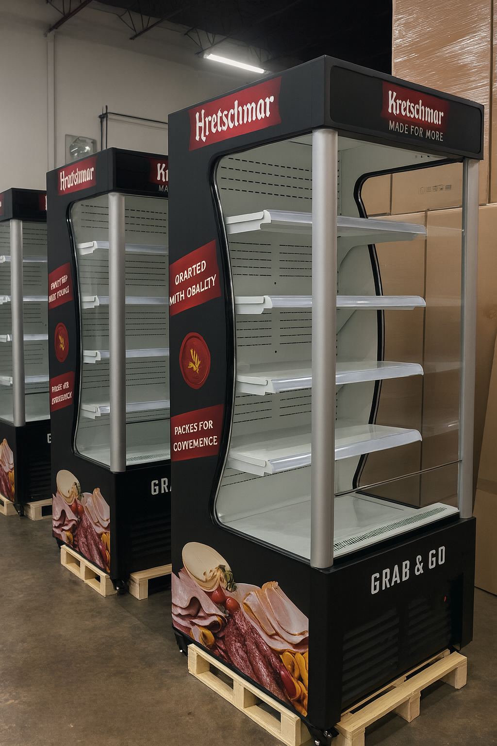 Hetschmar display cases with meat graphics in a warehouse setting