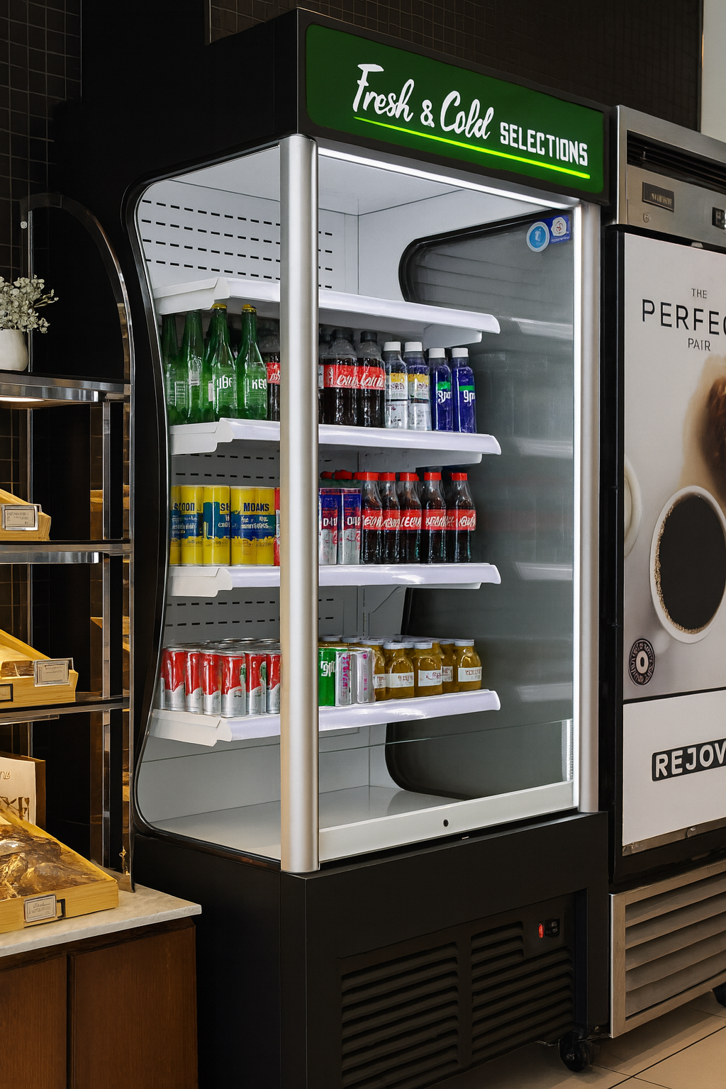Fridge with drinks on shelves in a store setting