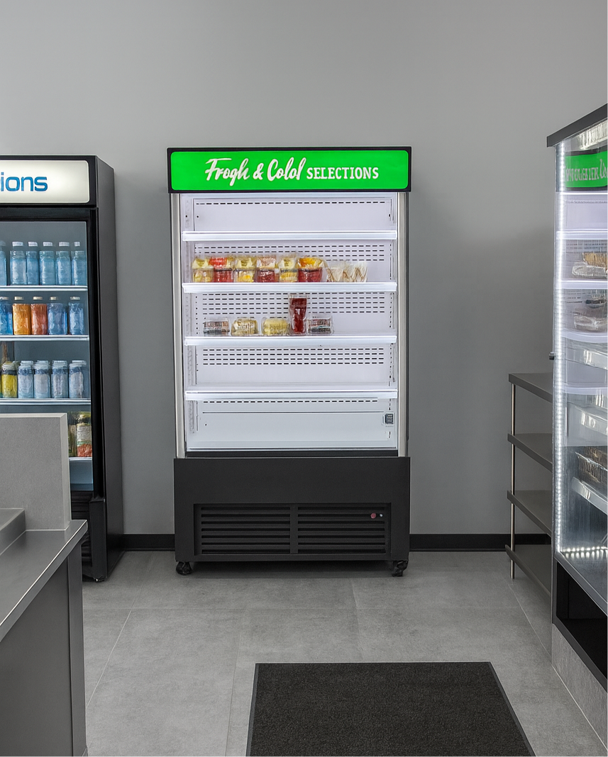 Refrigerated display case with 'Fresh & Cold Selections' sign in a store setting.