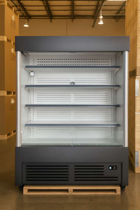 Large commercial refrigerator on a pallet in a warehouse setting