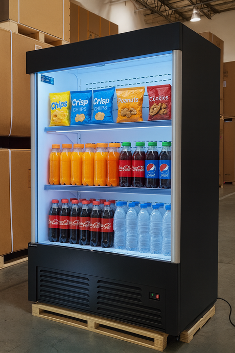 Refrigerator stocked with drinks and snacks in a warehouse setting