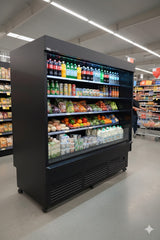 Large refrigerated display case in a grocery store with various products.