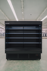 Black industrial freezer with 'AUKCOOL' branding on a white floor and light gray walls.