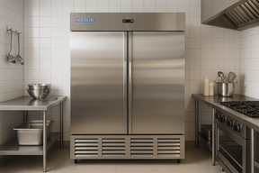Stainless steel refrigerator in a kitchen setting with tiled walls and cooking equipment.