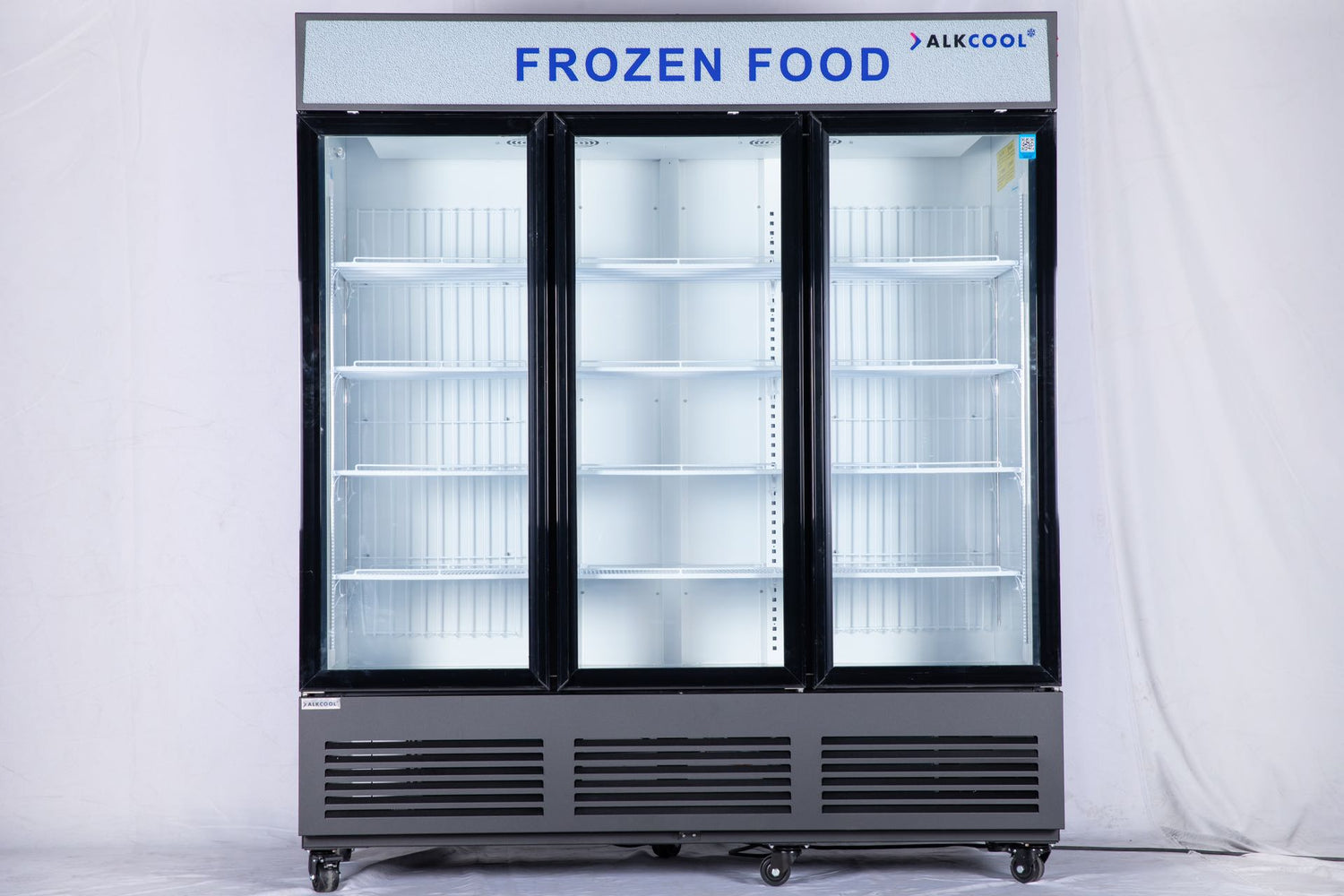 70" Black Glass Door Merchandising Freezer with Stainless Steel