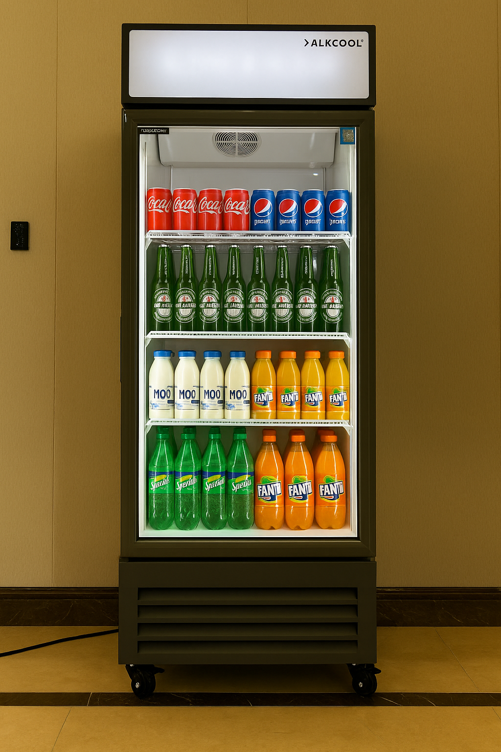 Alkool branded refrigerator with various drinks on a beige wall background