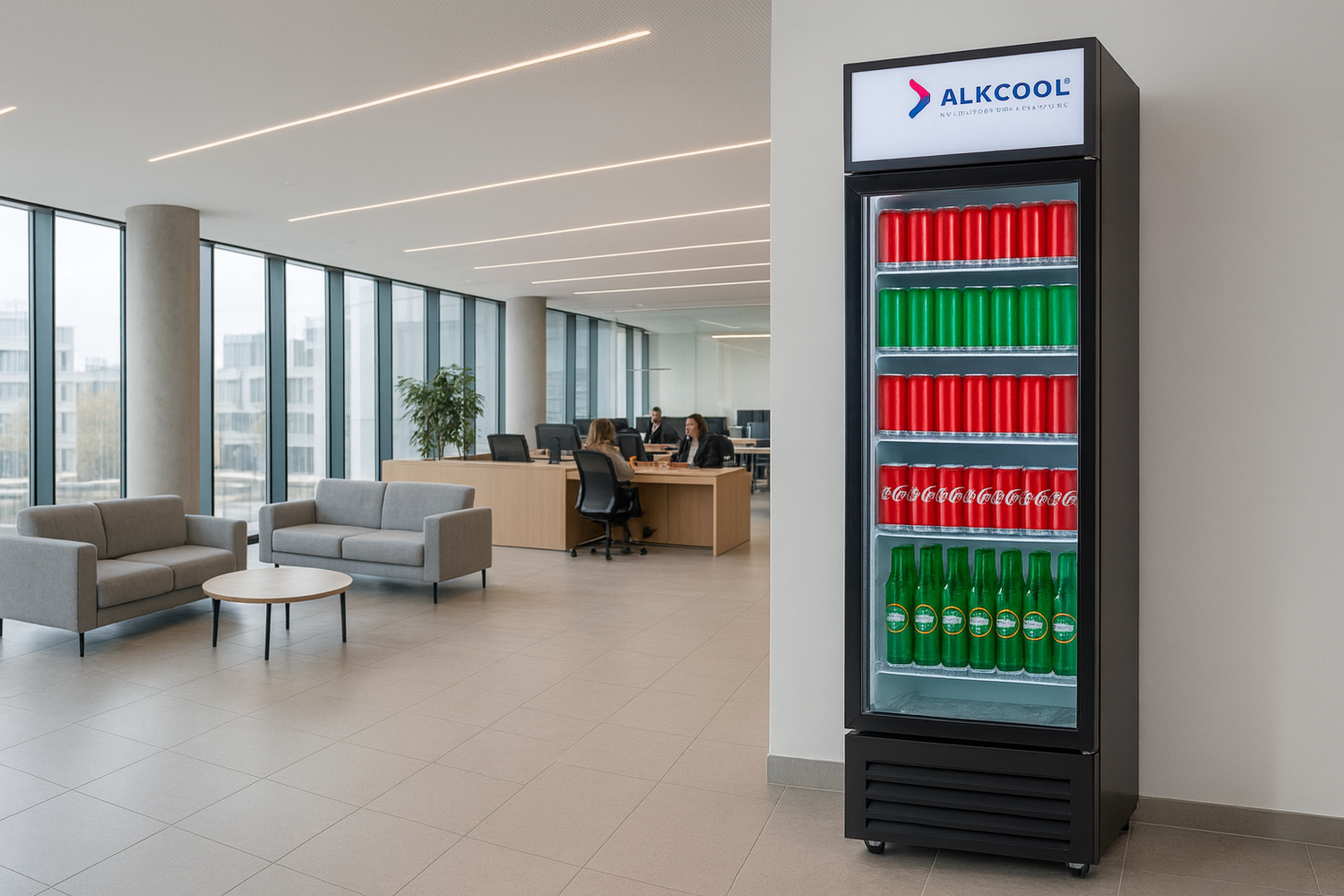 Alkool refrigerator in an office setting with office furniture and decor.