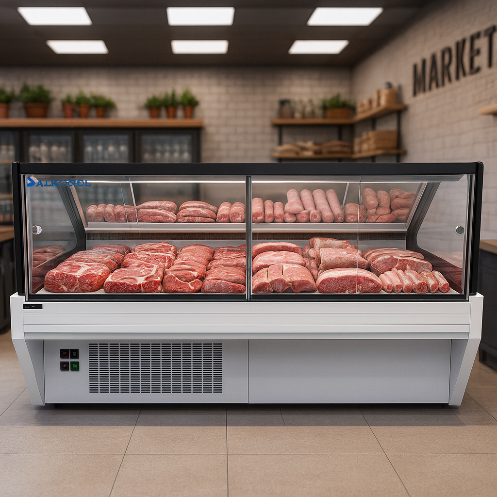 Meat display case in a market setting with 'MARKET' sign on the wall.